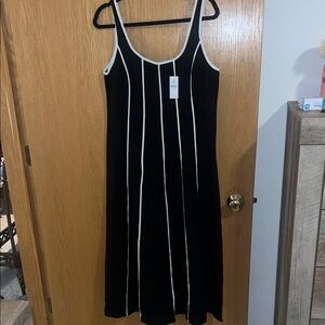 LOFT Black and White Striped Midi Dress